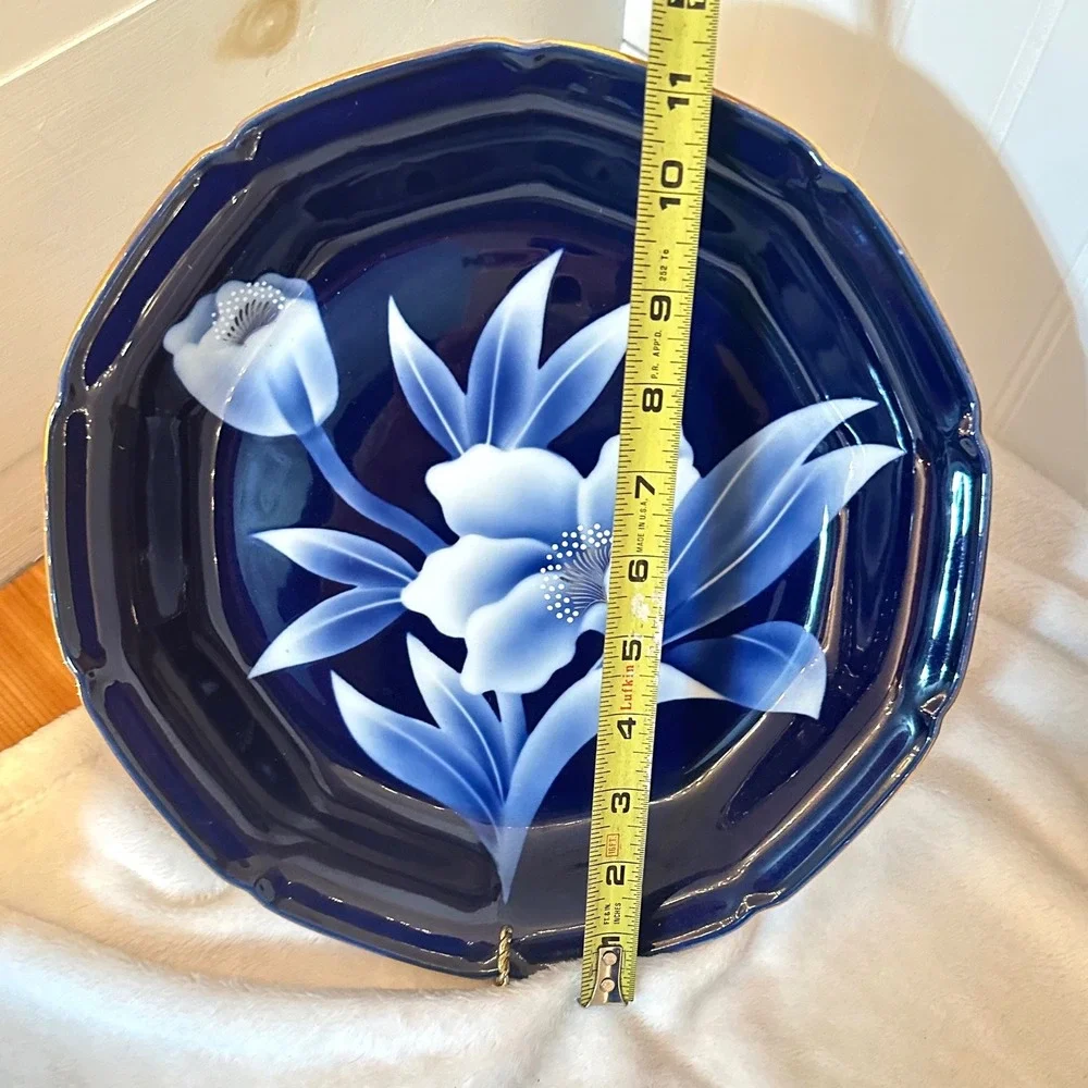 Vintage Japanese Fukagawa 11.5 Platter Bowl Cobalt Blue White Floral Gold Border
